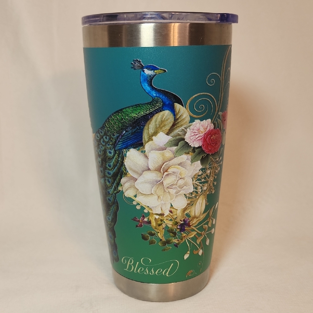 Peacock and Floral Stainless Steel Tumbler